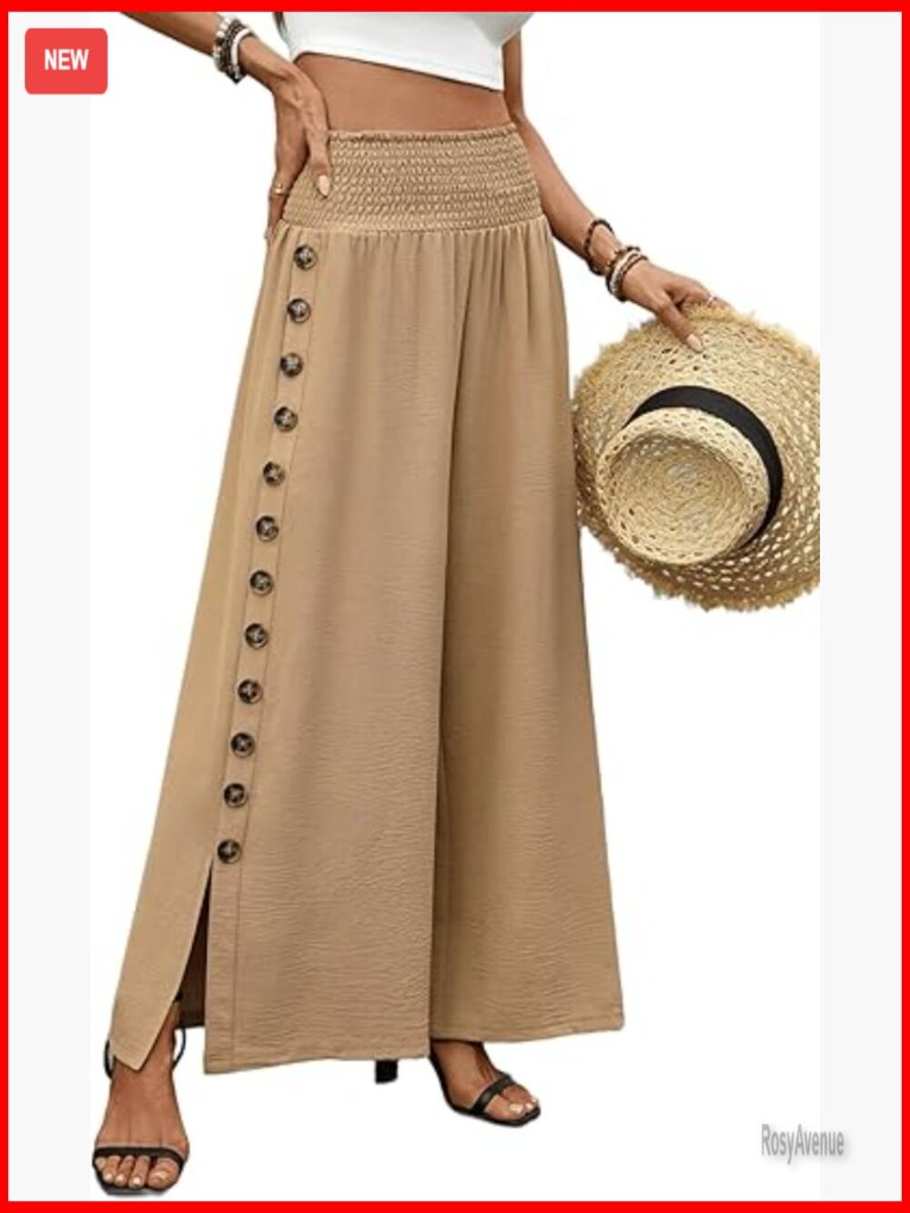High Waist Wide Leg Palazzo Pants Smocked Waist Side Button Split